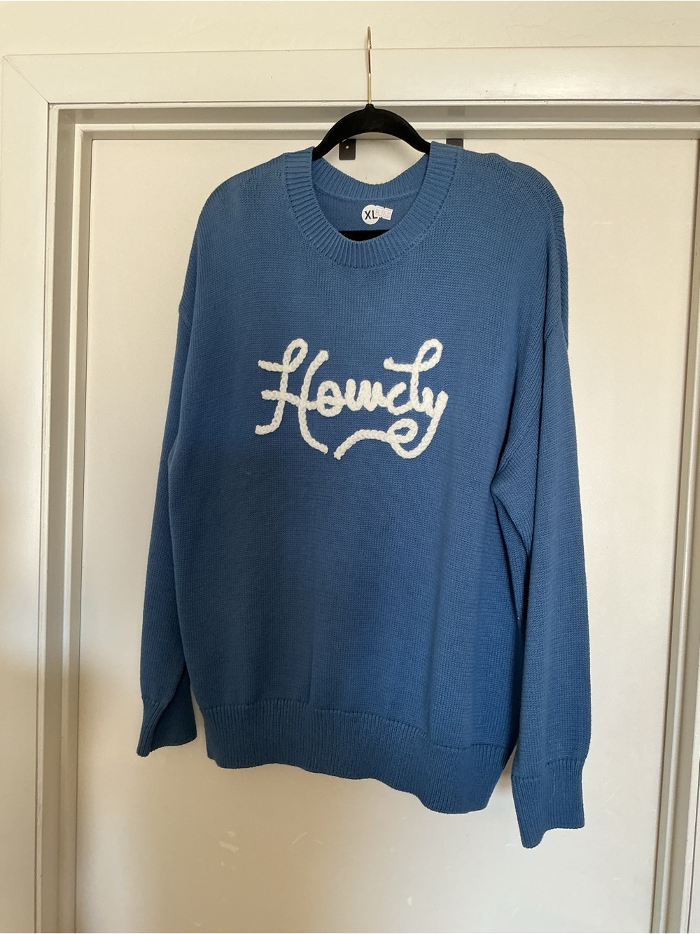 Blue 'Howdy' Knit Sweater with White Script